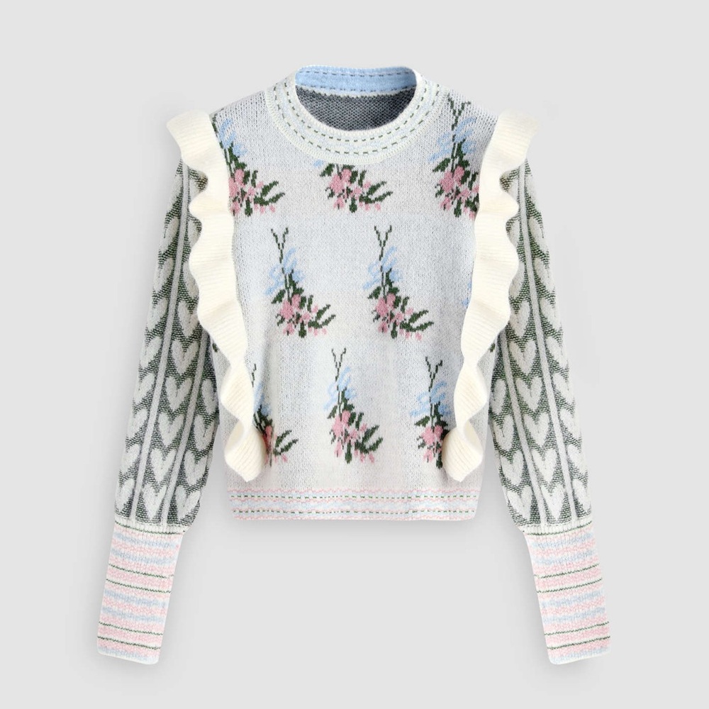 CIDER Ruffle Cream Pink Blue Knit Sweater w Balloon Sleeves like LOVESHACK FANCY